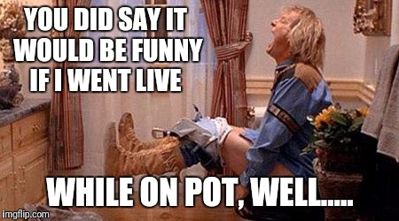 Vegan poop | YOU DID SAY IT WOULD BE FUNNY IF I WENT LIVE; WHILE ON POT, WELL..... | image tagged in vegan poop | made w/ Imgflip meme maker