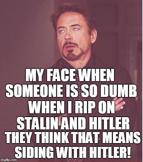 Face You Make Robert Downey Jr | MY FACE WHEN SOMEONE IS SO DUMB; WHEN I RIP ON STALIN AND HITLER; THEY THINK THAT MEANS SIDING WITH HITLER! | image tagged in face you make robert downey jr,antifa,commies,alt right,nazis,both suck | made w/ Imgflip meme maker