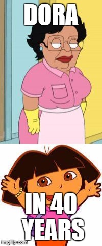 DORA; IN 40 YEARS | image tagged in consuela,dora the explorer | made w/ Imgflip meme maker
