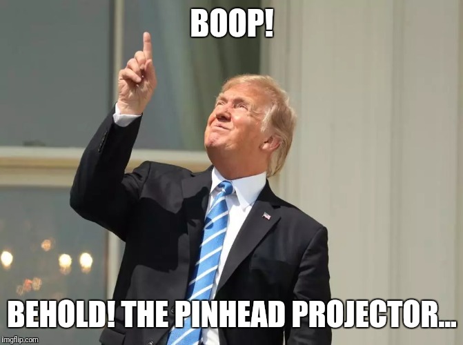 Trump eclipse pinhead projector | BOOP! BEHOLD! THE PINHEAD PROJECTOR... | image tagged in donald trump | made w/ Imgflip meme maker