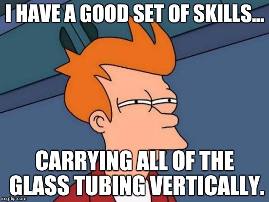 Futurama Fry | I HAVE A GOOD SET OF SKILLS... CARRYING ALL OF THE GLASS TUBING VERTICALLY. | image tagged in memes,futurama fry | made w/ Imgflip meme maker