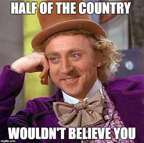 Creepy Condescending Wonka Meme | HALF OF THE COUNTRY WOULDN'T BELIEVE YOU | image tagged in memes,creepy condescending wonka | made w/ Imgflip meme maker