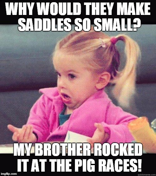 They Won't Race Themselves | WHY WOULD THEY MAKE SADDLES SO SMALL? MY BROTHER ROCKED IT AT THE PIG RACES! | image tagged in idk girl,pigs,races | made w/ Imgflip meme maker