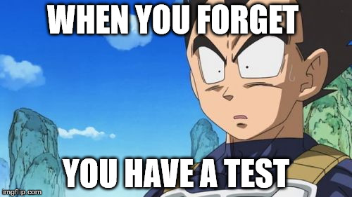 Surprized Vegeta | WHEN YOU FORGET; YOU HAVE A TEST | image tagged in memes,surprized vegeta | made w/ Imgflip meme maker