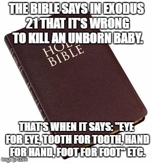 It's terrible the ways that abortions kill the babies. Most people would hate to see those things happen to a dog. | THE BIBLE SAYS IN EXODUS 21 THAT IT'S WRONG TO KILL AN UNBORN BABY. THAT'S WHEN IT SAYS: "EYE FOR EYE, TOOTH FOR TOOTH, HAND FOR HAND, FOOT FOR FOOT" ETC. | image tagged in memes,abortion is murder,bible,holy bible | made w/ Imgflip meme maker