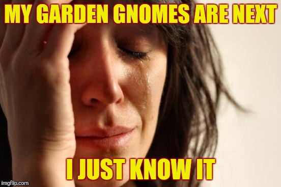 The statue slippery slope |  MY GARDEN GNOMES ARE NEXT; I JUST KNOW IT | image tagged in memes,first world problems,statues,statues coming down,not nice,statues are people too | made w/ Imgflip meme maker