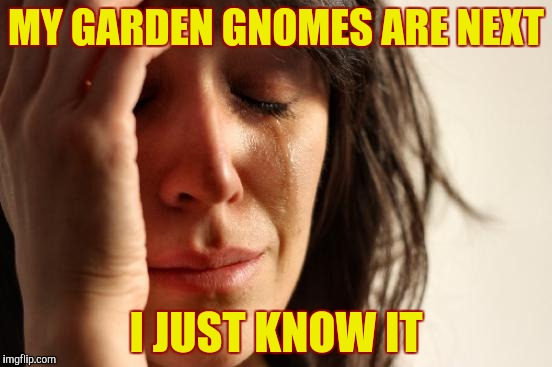 The statue slippery slope | MY GARDEN GNOMES ARE NEXT; I JUST KNOW IT | image tagged in memes,first world problems,statues,statues coming down,not nice,statues are people too | made w/ Imgflip meme maker