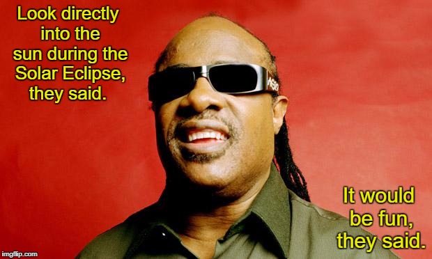 ...The following day | Look directly into the sun during the Solar Eclipse, they said. It would be fun, they said. | image tagged in stevie wonder,solar eclipse,memes | made w/ Imgflip meme maker