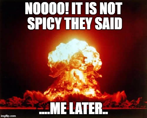 Nuclear Explosion Meme | NOOOO! IT IS NOT SPICY THEY SAID; ....ME LATER.. | image tagged in memes,nuclear explosion | made w/ Imgflip meme maker
