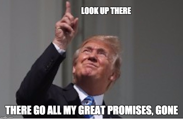 total eclipse of truth | LOOK UP THERE; THERE GO ALL MY GREAT PROMISES, GONE | image tagged in promises,empty,faith,donald trump approves,lies,trump lies | made w/ Imgflip meme maker
