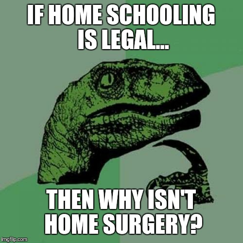 Philosoraptor Meme | IF HOME SCHOOLING IS LEGAL... THEN WHY ISN'T HOME SURGERY? | image tagged in memes,philosoraptor | made w/ Imgflip meme maker