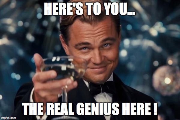 Leonardo Dicaprio Cheers Meme | HERE'S TO YOU... THE REAL GENIUS HERE ! | image tagged in memes,leonardo dicaprio cheers | made w/ Imgflip meme maker