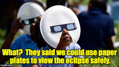 "Most Ingenious Way To Use Paper Plates To Look At The Eclipse" Award | What?  They said we could use paper plates to view the eclipse safely. | image tagged in eclipse,funny | made w/ Imgflip meme maker