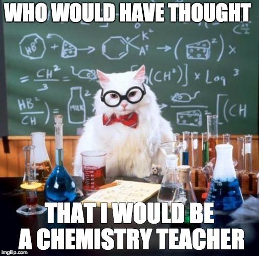 Chemistry Cat Meme | WHO WOULD HAVE THOUGHT; THAT I WOULD BE A CHEMISTRY TEACHER | image tagged in memes,chemistry cat | made w/ Imgflip meme maker