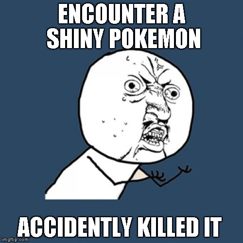 Y U No | ENCOUNTER A SHINY POKEMON; ACCIDENTLY KILLED IT | image tagged in memes,y u no | made w/ Imgflip meme maker