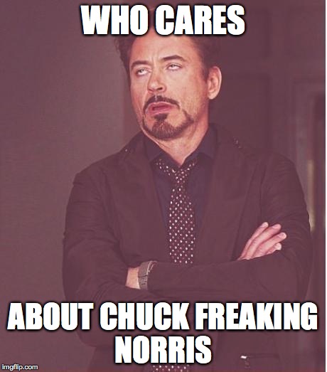 Why is he so Cool? | WHO CARES; ABOUT CHUCK FREAKING NORRIS | image tagged in memes,face you make robert downey jr,chuck norris | made w/ Imgflip meme maker