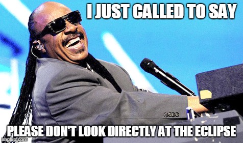 And please spay or neuter your relatives.
 | I JUST CALLED TO SAY; PLEASE DON'T LOOK DIRECTLY AT THE ECLIPSE | image tagged in memes,eclipse 2017,apoceclipse,stevie wonder,eclipse blindness | made w/ Imgflip meme maker
