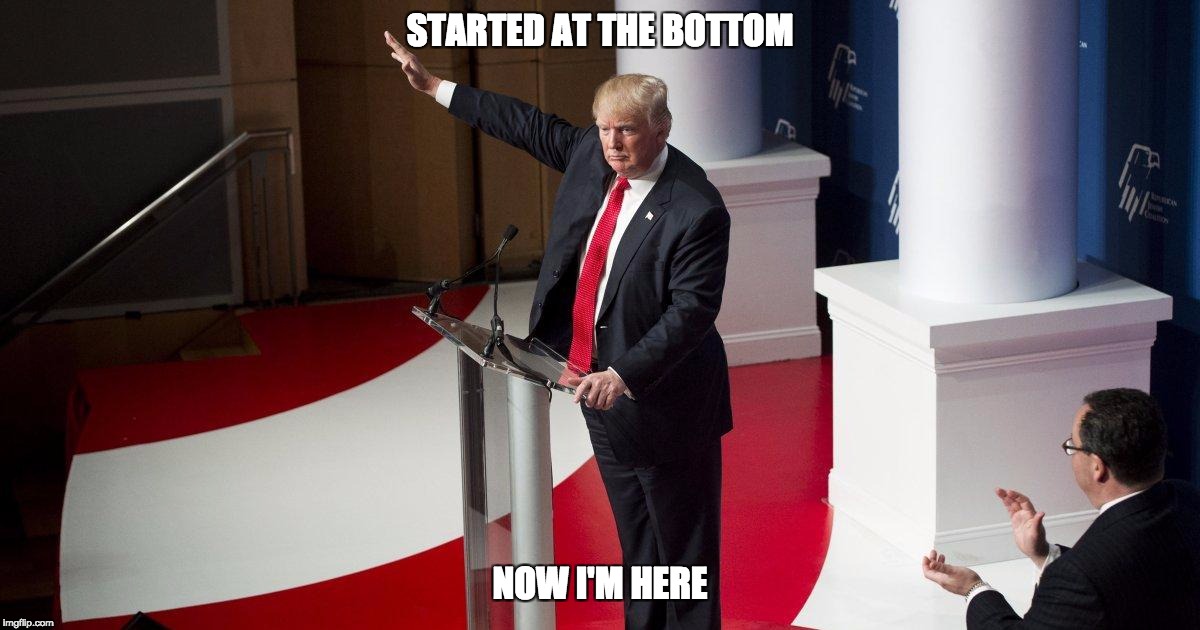 DRAKELD TRUMP | STARTED AT THE BOTTOM; NOW I'M HERE | image tagged in trump nazi salute | made w/ Imgflip meme maker