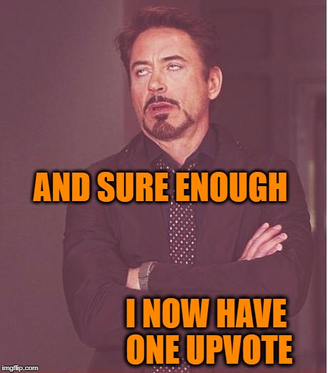 Face You Make Robert Downey Jr Meme | AND SURE ENOUGH I NOW HAVE ONE UPVOTE | image tagged in memes,face you make robert downey jr | made w/ Imgflip meme maker