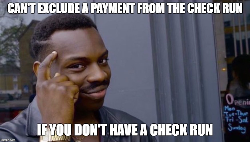 Roll Safe Think About It Meme | CAN'T EXCLUDE A PAYMENT FROM THE CHECK RUN; IF YOU DON'T HAVE A CHECK RUN | image tagged in can't blank if you don't blank | made w/ Imgflip meme maker