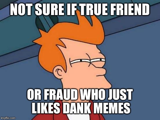 Futurama Fry Meme | NOT SURE IF TRUE FRIEND; OR FRAUD WHO JUST LIKES DANK MEMES | image tagged in memes,futurama fry | made w/ Imgflip meme maker