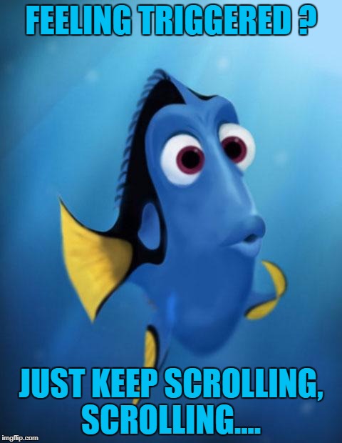 dory is triggered | FEELING TRIGGERED ? JUST KEEP SCROLLING, SCROLLING.... | image tagged in dory,triggered scrolling | made w/ Imgflip meme maker