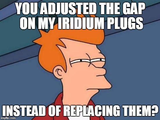 Futurama Fry Meme | YOU ADJUSTED THE GAP ON MY IRIDIUM PLUGS; INSTEAD OF REPLACING THEM? | image tagged in memes,futurama fry | made w/ Imgflip meme maker