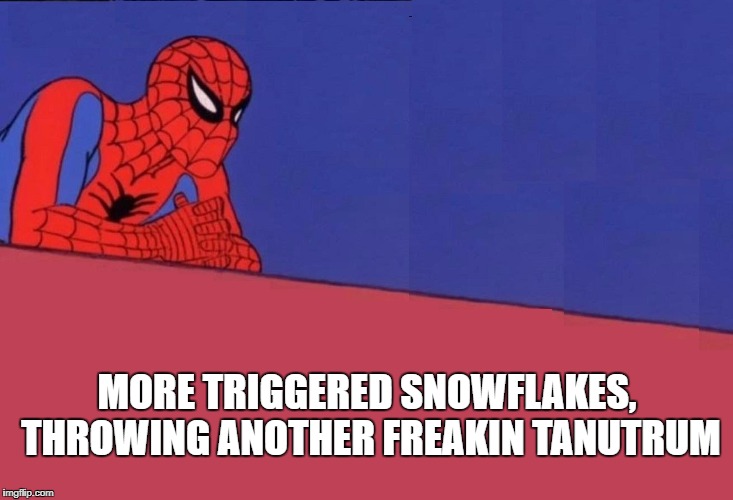 MORE TRIGGERED SNOWFLAKES, THROWING ANOTHER FREAKIN TANUTRUM | image tagged in spiderman,snowflake | made w/ Imgflip meme maker