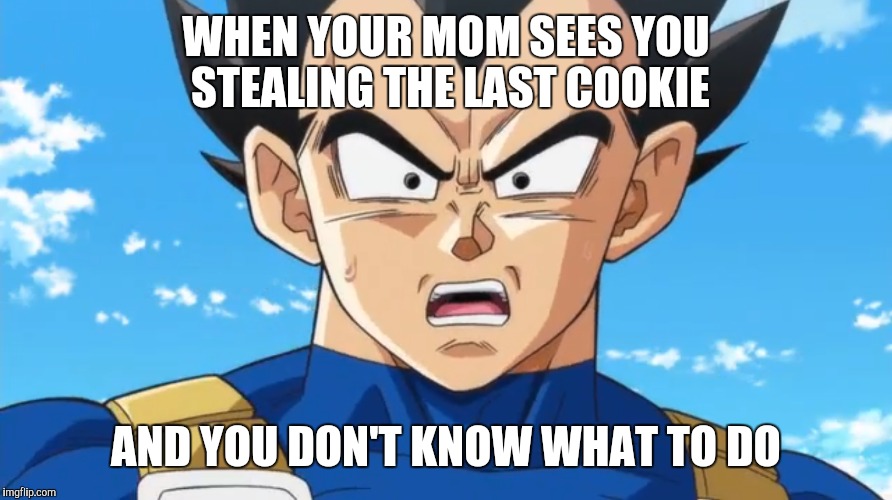WHEN YOUR MOM SEES YOU STEALING THE LAST COOKIE; AND YOU DON'T KNOW WHAT TO DO | image tagged in vegeta | made w/ Imgflip meme maker