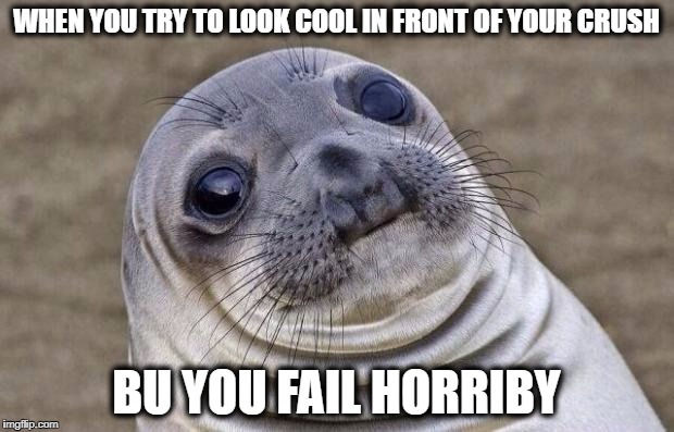 Awkward Moment Sealion Meme | WHEN YOU TRY TO LOOK COOL IN FRONT OF YOUR CRUSH; BU YOU FAIL HORRIBY | image tagged in memes,awkward moment sealion | made w/ Imgflip meme maker