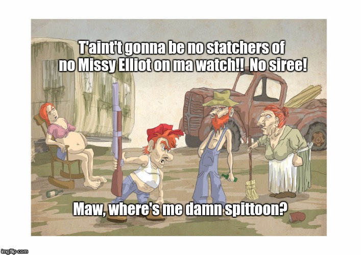ribbin' those rednecks | T'aint't gonna be no statchers of no Missy Elliot on ma watch!!  No siree! Maw, where's me damn spittoon? | image tagged in memes | made w/ Imgflip meme maker