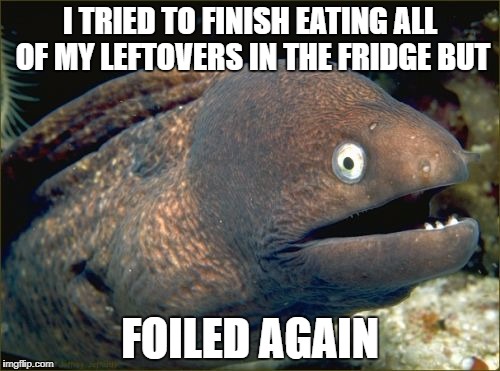 Leftovers Can Be Daunting | I TRIED TO FINISH EATING ALL OF MY LEFTOVERS IN THE FRIDGE BUT; FOILED AGAIN | image tagged in memes,bad joke eel | made w/ Imgflip meme maker