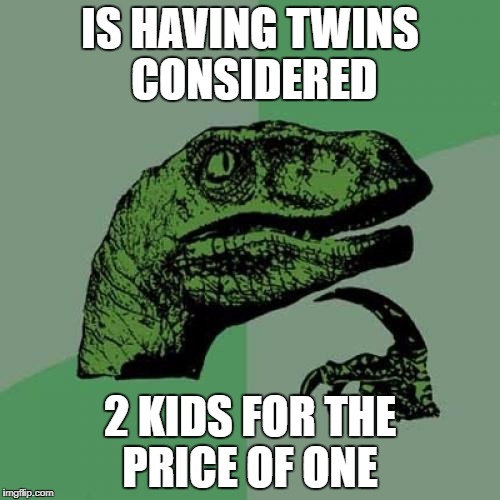 Philosoraptor | IS HAVING TWINS CONSIDERED; 2 KIDS FOR THE PRICE OF ONE | image tagged in memes,philosoraptor | made w/ Imgflip meme maker