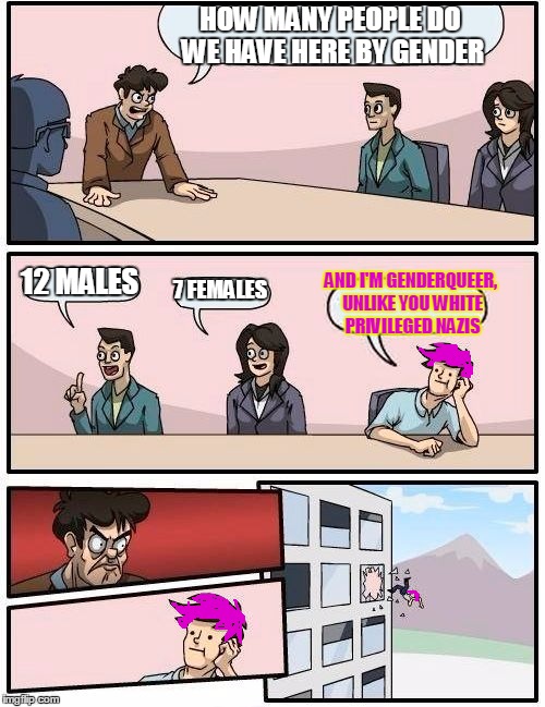 """Nazi""" Boardroom Meeting Suggestion | HOW MANY PEOPLE DO WE HAVE HERE BY GENDER; AND I'M GENDERQUEER, UNLIKE YOU WHITE PRIVILEGED NAZIS; 12 MALES; 7 FEMALES | image tagged in memes,boardroom meeting suggestion,gender,feminism is cancer,sjw | made w/ Imgflip meme maker