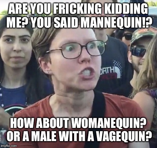 Triggered feminist | ARE YOU FRICKING KIDDING ME? YOU SAID MANNEQUIN!? HOW ABOUT WOMANEQUIN? OR A MALE WITH A VAGEQUIN? | image tagged in triggered feminist | made w/ Imgflip meme maker