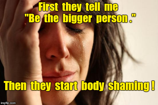 Be the Bigger Person | First  they  tell  me  "Be  the  bigger  person ."; Then  they  start  body  shaming ! | image tagged in memes,first world problems | made w/ Imgflip meme maker