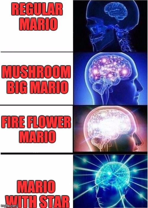 levels of intelligence | REGULAR MARIO; MUSHROOM BIG MARIO; FIRE FLOWER MARIO; MARIO WITH STAR | image tagged in levels of intelligence | made w/ Imgflip meme maker