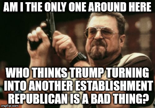 Am I The Only One Around Here | AM I THE ONLY ONE AROUND HERE; WHO THINKS TRUMP TURNING INTO ANOTHER ESTABLISHMENT REPUBLICAN IS A BAD THING? | image tagged in memes,am i the only one around here | made w/ Imgflip meme maker