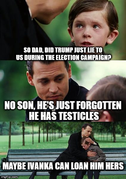 Finding Neverland Meme | SO DAD, DID TRUMP JUST LIE TO US DURING THE ELECTION CAMPAIGN? NO SON, HE'S JUST FORGOTTEN HE HAS TESTICLES; MAYBE IVANKA CAN LOAN HIM HERS | image tagged in memes,finding neverland | made w/ Imgflip meme maker