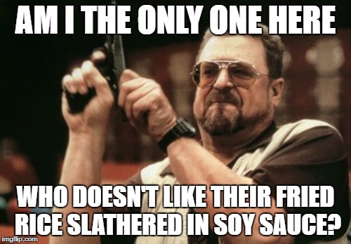 Am I The Only One Around Here Meme | AM I THE ONLY ONE HERE; WHO DOESN'T LIKE THEIR FRIED RICE SLATHERED IN SOY SAUCE? | image tagged in memes,am i the only one around here | made w/ Imgflip meme maker