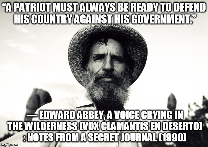 “A PATRIOT MUST ALWAYS BE READY TO DEFEND HIS COUNTRY AGAINST HIS GOVERNMENT.”; — EDWARD ABBEY, A VOICE CRYING IN THE WILDERNESS (VOX CLAMANTIS EN DESERTO) : NOTES FROM A SECRET JOURNAL (1990) | image tagged in edward abbey | made w/ Imgflip meme maker