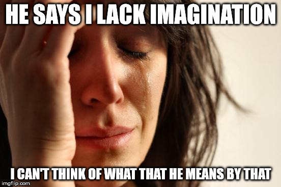 First World Problems Meme | HE SAYS I LACK IMAGINATION; I CAN'T THINK OF WHAT THAT HE MEANS BY THAT | image tagged in memes,first world problems | made w/ Imgflip meme maker