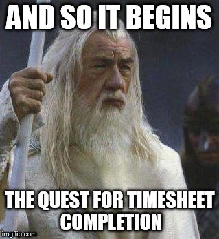 gandalf | AND SO IT BEGINS; THE QUEST FOR TIMESHEET COMPLETION | image tagged in gandalf,timesheet reminder,timesheet meme,gandalf meme,quest,lord of the rings | made w/ Imgflip meme maker