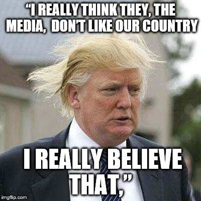 Donald Trump | “I REALLY THINK THEY, THE MEDIA,  DON’T LIKE OUR COUNTRY; I REALLY BELIEVE THAT,” | image tagged in donald trump | made w/ Imgflip meme maker
