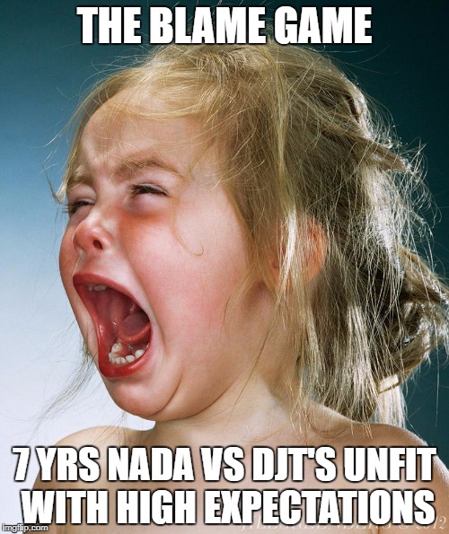 baby crying | THE BLAME GAME; 7 YRS NADA VS DJT'S UNFIT WITH HIGH EXPECTATIONS | image tagged in baby crying | made w/ Imgflip meme maker