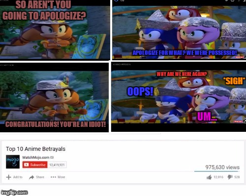 I improved my Sticks' Argument meme! | SO AREN'T YOU GOING TO APOLOGIZE? APOLOGIZE FOR WHAT? WE WERE POSSESSED! WHY ARE WE HERE AGAIN? *SIGH*; OOPS! CONGRATULATIONS! YOU'RE AN IDIOT! UM... | image tagged in sticks' argument,top 10 anime betrayals,top 10,sonic boom,government is stupid,memes | made w/ Imgflip meme maker