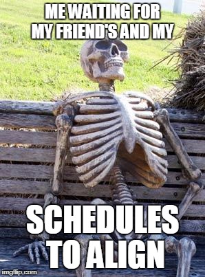 Waiting Skeleton Meme | ME WAITING FOR MY FRIEND'S AND MY; SCHEDULES TO ALIGN | image tagged in memes,waiting skeleton | made w/ Imgflip meme maker
