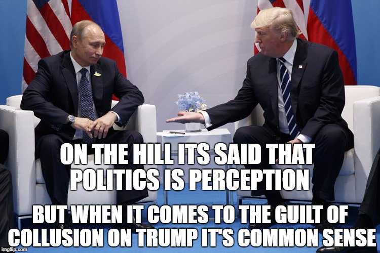 Trump collusion | ON THE HILL ITS SAID THAT POLITICS IS PERCEPTION; BUT WHEN IT COMES TO THE GUILT OF COLLUSION ON TRUMP IT'S COMMON SENSE | image tagged in trump | made w/ Imgflip meme maker