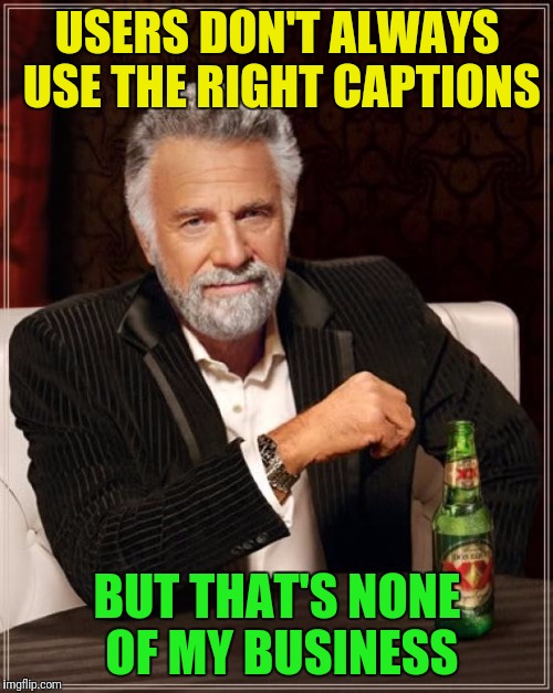 The Most Interesting Man In The World Meme | USERS DON'T ALWAYS USE THE RIGHT CAPTIONS BUT THAT'S NONE OF MY BUSINESS | image tagged in memes,the most interesting man in the world | made w/ Imgflip meme maker