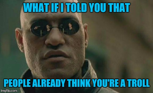 Matrix Morpheus Meme | WHAT IF I TOLD YOU THAT PEOPLE ALREADY THINK YOU'RE A TROLL | image tagged in memes,matrix morpheus | made w/ Imgflip meme maker